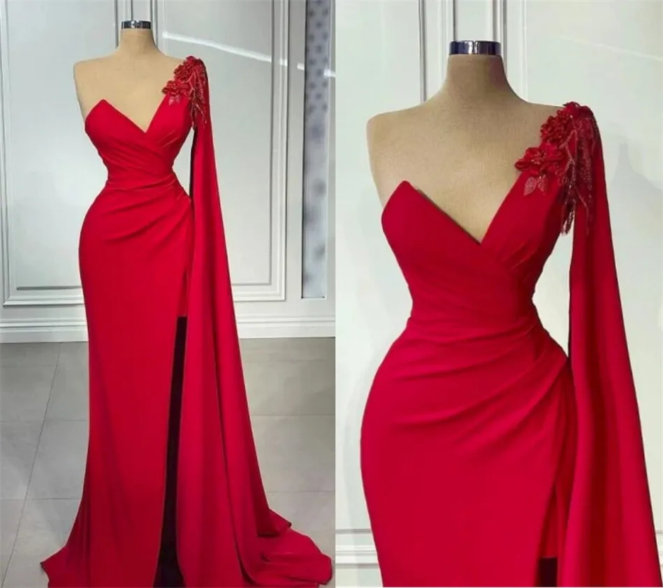 

Elasticity Red Evening Dreses Sweetheart Neck Mermaid Sexy High Slit Cape Dubai Prom Gowns Saudi Arabic Night Party Dress 2022