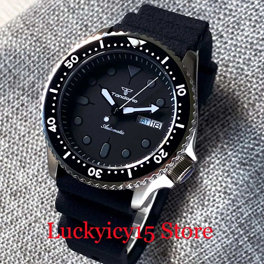 Diver 200M Waterproof Tandorio 41MM NH36A Automatic Men Watch Black Dial Luminous Double Day Display Sapphire Glass Rubber Strap 41mm diver men watch black dial sapphire glass nh35 automatic 200m waterproof date indicator rubber strap green lume