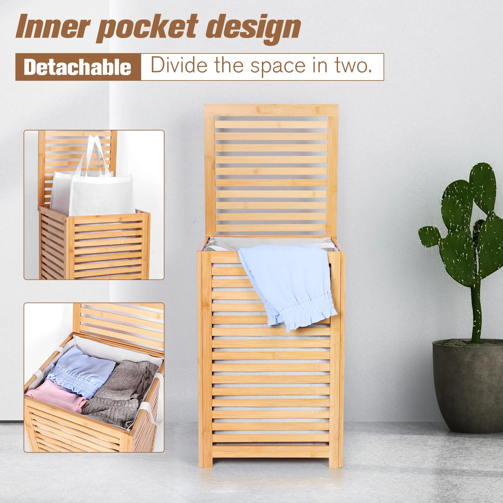 Bamboo Laundry Hamper with Removable Liner Bag Dirty Clothes Hamper Dirty Clothes Storage Basket for Home Use