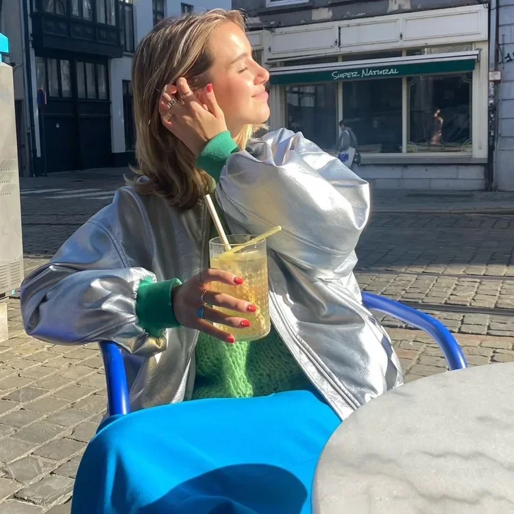 Sliver Pu Leather Jackets for Women Winter Stand Collar Long Sleeve Jacket Streetwear Patchwork Zip Coat Female