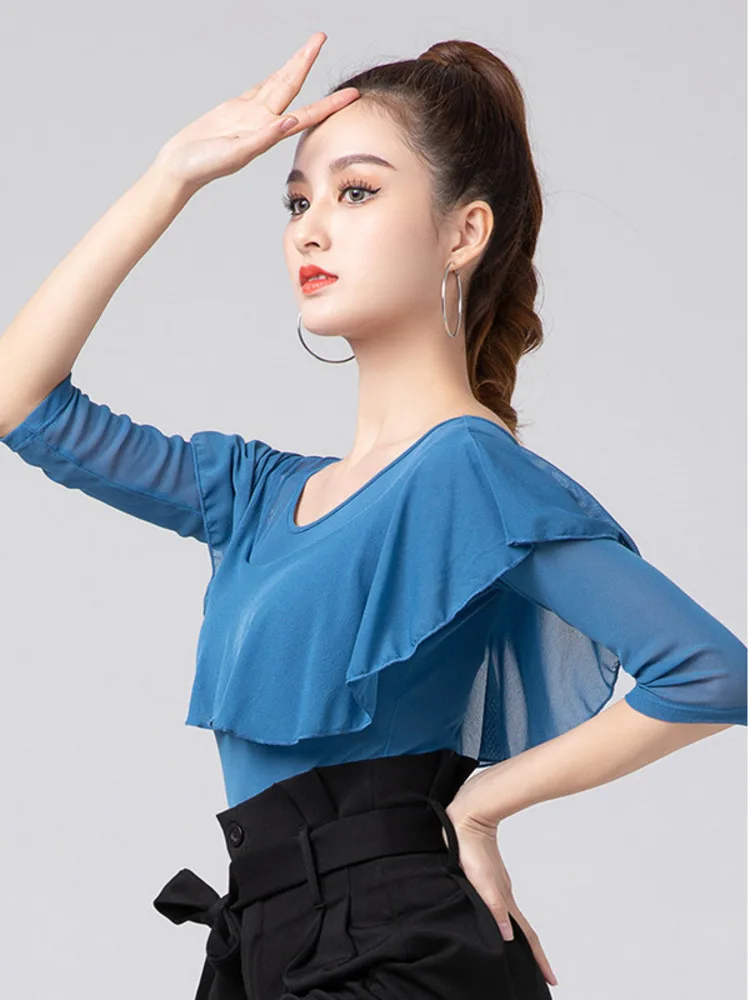 Tinta Unita Flamengo Girl Latin Dance Tops Competition Women Elegant Ruffle Top Practice Girls Slim Fit Line Costume Abbigliamento