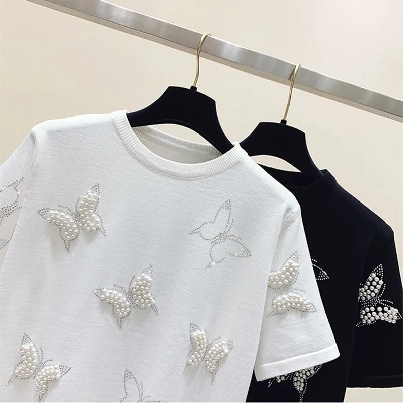 New Summer O Neck Puff Short Sleeve Women T-Shirts Sweet Pearl