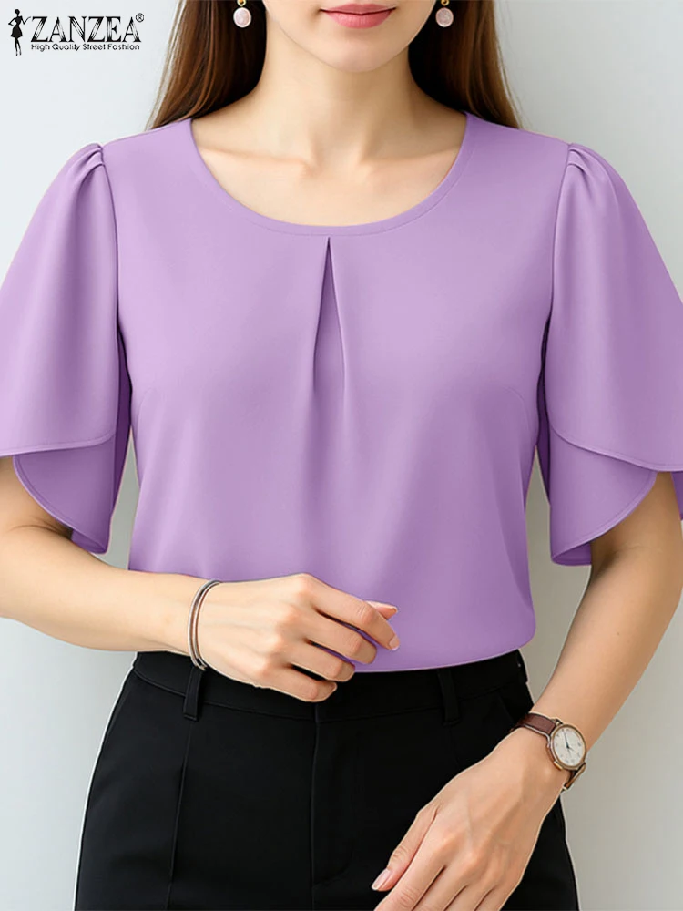 592953-f68057.jpg ZANZEA Women Summer OL Work Blouse Elegant Office Shirt Stylish Solid O Neck Tunic Short Petal Sleeve Tops Holiday Blusas Femme - Image 1