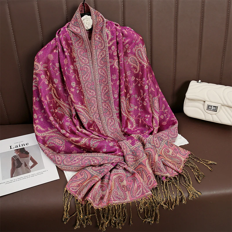 Women National Style Flower Pattern Scarf Jacquard Pashmina Cashmere Tassel Classic Shawl Coldproof Warm Neck Protection 2