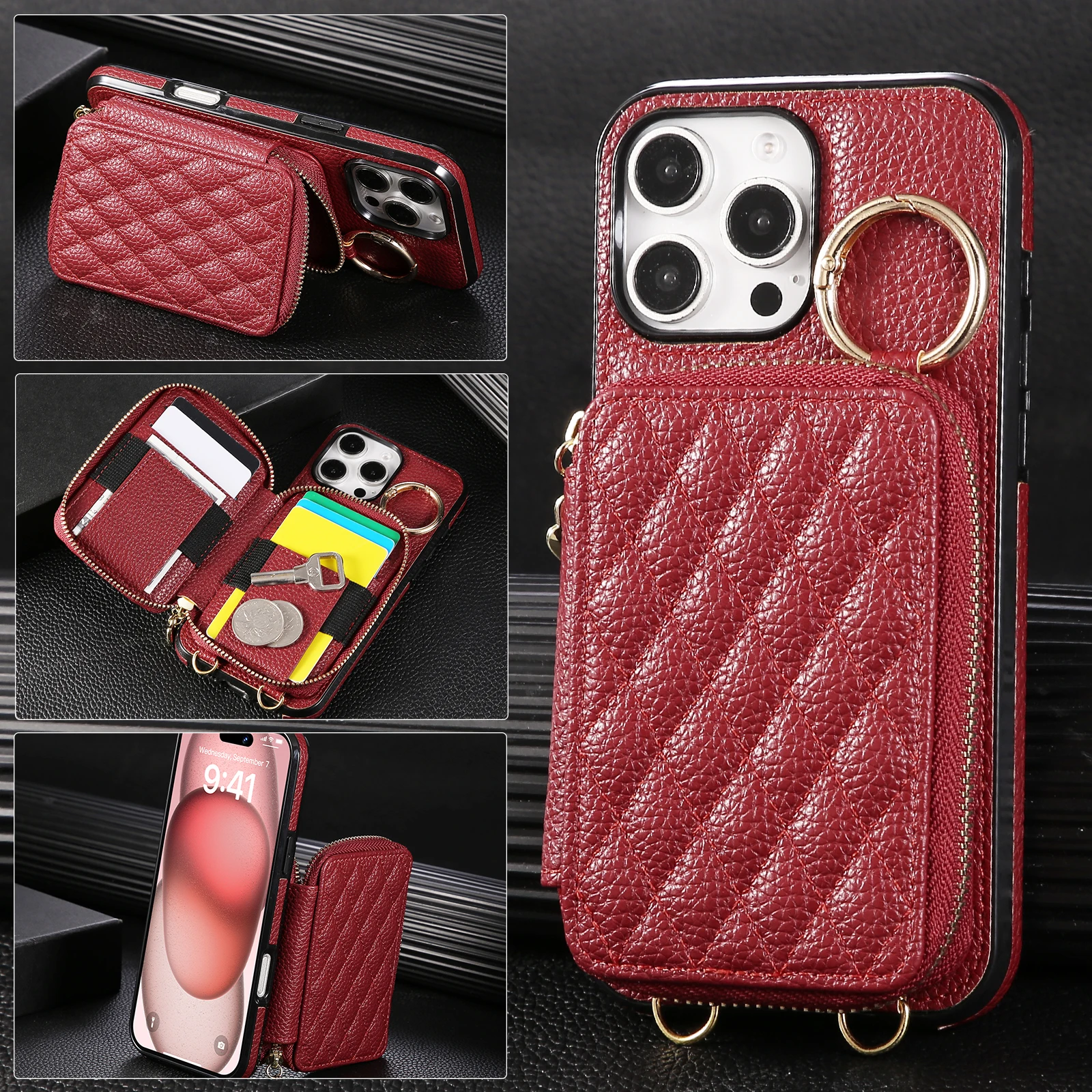 Leather Crossbody Zipper Card Wallet with Lanyard and Ring Holder