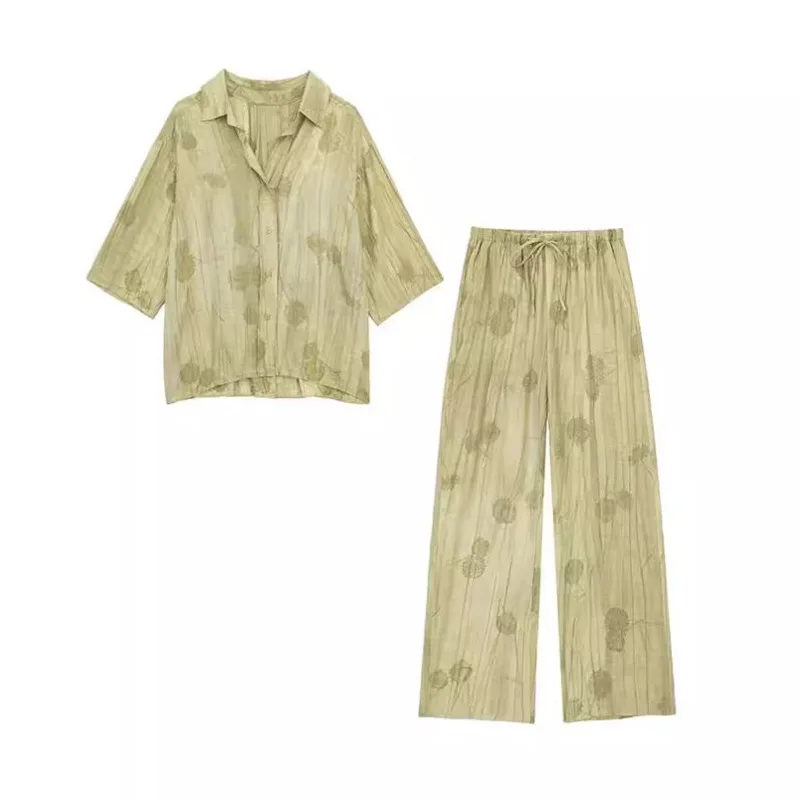 

ZA Chic Plant Flower T-shirt Pants Women Olive Green Oversized Shirt Button Up Collar Drawstring Middle Sleeve Jacquard Pants