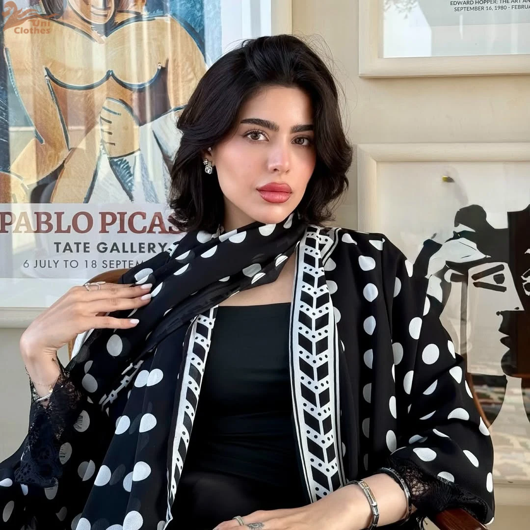 Zahraa New Muslim Polka Dot Printing Chiffon Abaya Fashion Lace Sleeve Hijab Clothing Women Open Kaftan 6