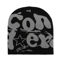 Handcrochet Jacquard Y2K Punk Beanie Hat - Soft Autumn Winter Warmer Headwear (Black)