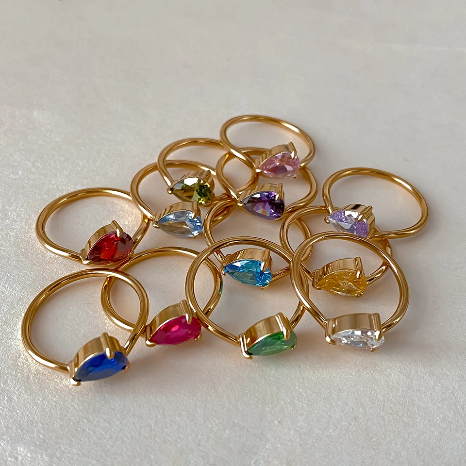 18K vergoldete Edelstahl-Geburtssteinringe für Damen, tropfenförmiger Zirkon, bunter Schmuck als Geschenk zum Jahrestag oder Geburtstag – Detail 6