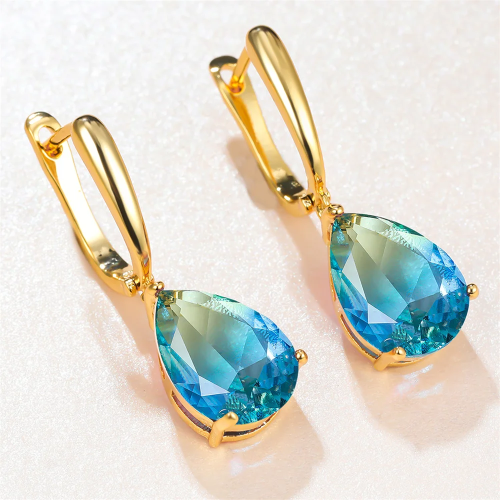 Blue Green Crystal Zircon Water Drop Stone Hoop Earrings For Women Vintage Gold Color Ear Buckle Wedding Jewelry Versatile Gifts