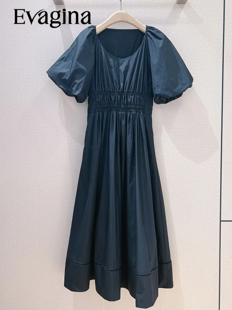 

Evagina Spring/Summer Cotton Temperament Commuting Casual Round Neck Bubble Sleeve Premium Black Dress