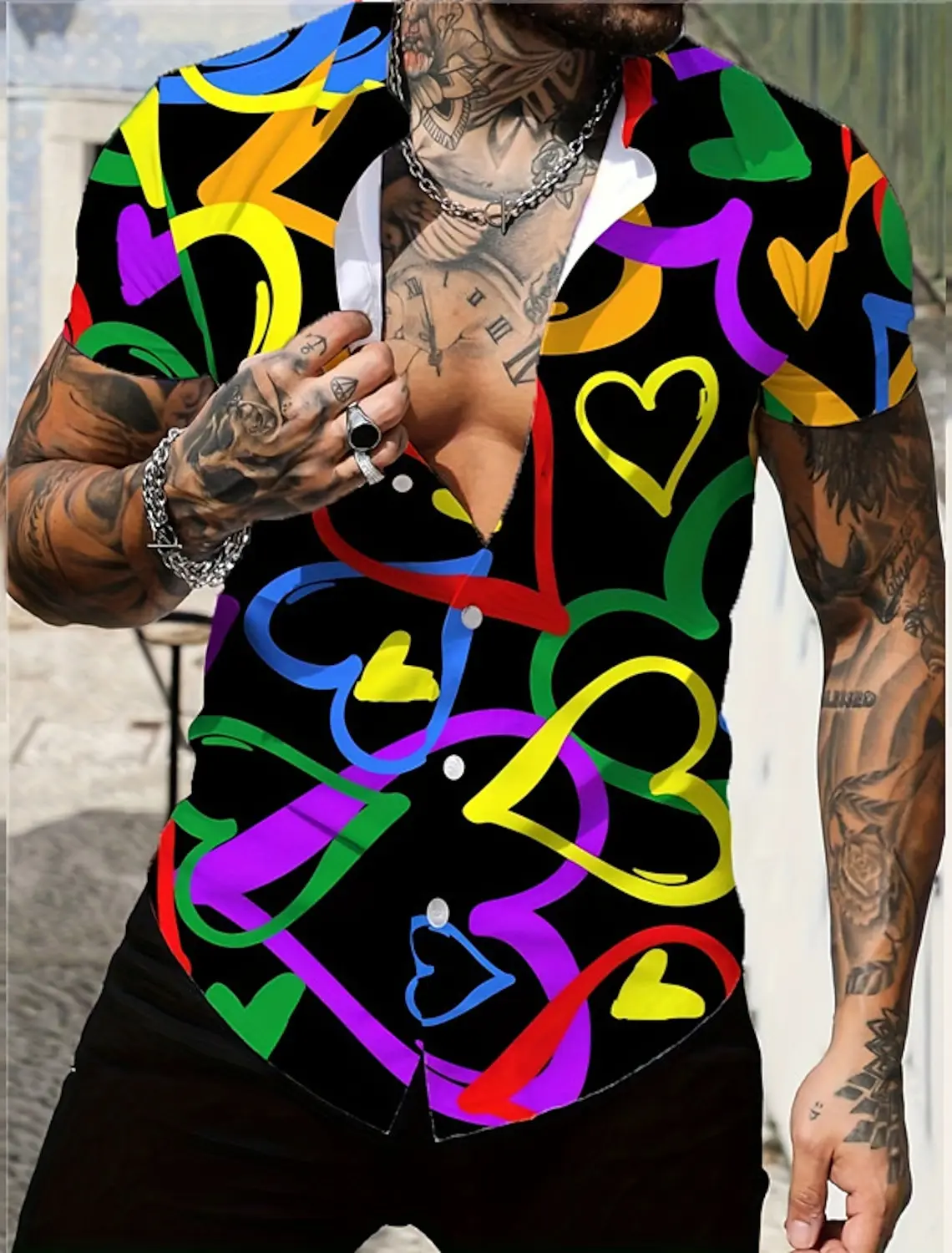 thumbnail image 1 of Camisas de manga corta con estampado gráfico divertido para el día de San Valentín 2024 para hombre, camisas de manga corta con cuello vuelto y tejido elástico en 4 direcciones para amantes, 1 of 4