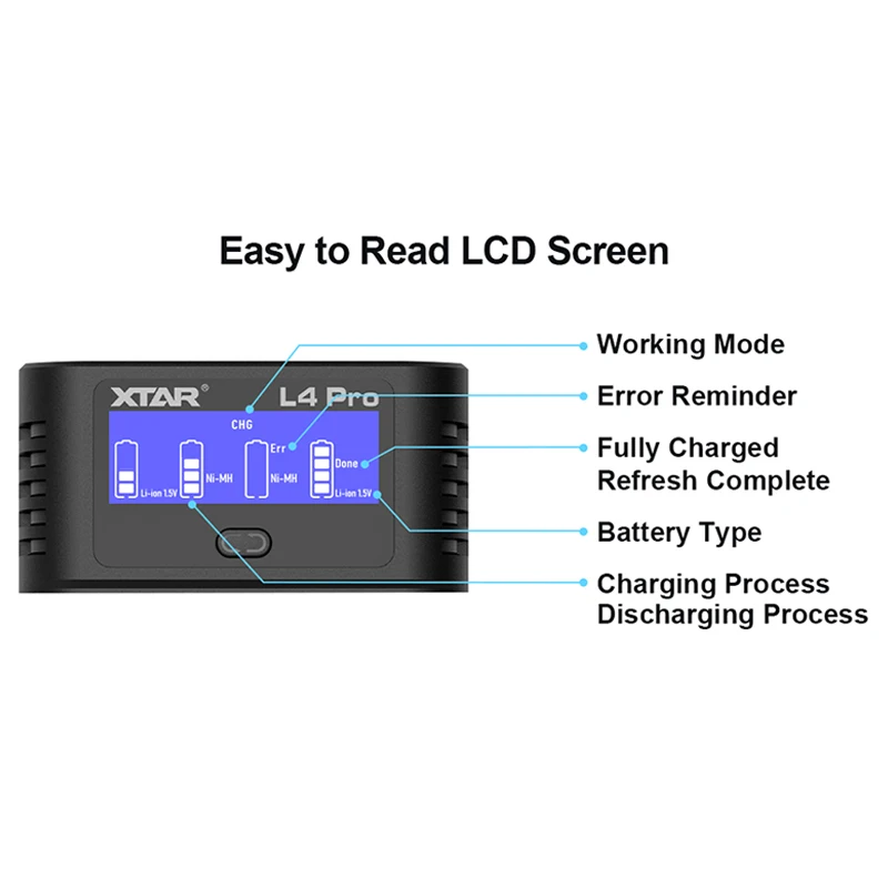 XTAR L4 Pro smart charger for AA AAA 1.5V Li-ion and Ni-MH batteries with smart repair low heat and safety protection adapter
