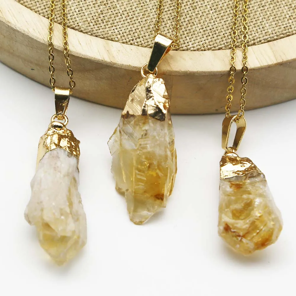 Natural Raw Ore Topaz Yellow Crystal Pendant Irregular Gold Plated Stainless Steel Chain Necklace Charm Jewelry Accessories 6Pcs