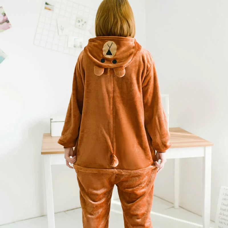 Unisex Onesie Flannel Thermal  Sleepwear Kigurumi Cartoon Animal Cosplay Costumes Brown Bear One-piece Pajamas Hooded Jumpsuit