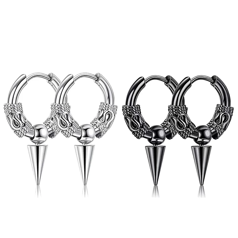 1 Pairs Gothic Punk Stainless Steel Hoop Earring for Men Women Hip Hop Rock Vintage Dragon pattern Circle Earrings Jewelry