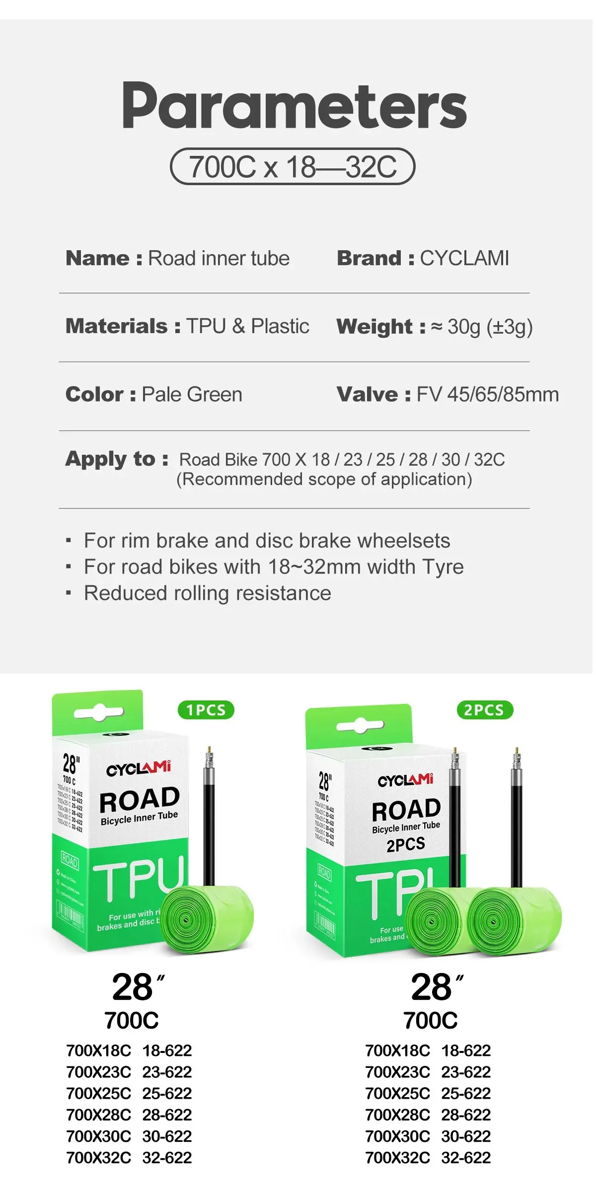 Description Picture 5 of itemCYCLAMI Ultralight 30g Bicycle Inner Tube Road Bike Bicycle TPU Inner Tire 45mm 65mm 85mm French Valve Super Light Tube