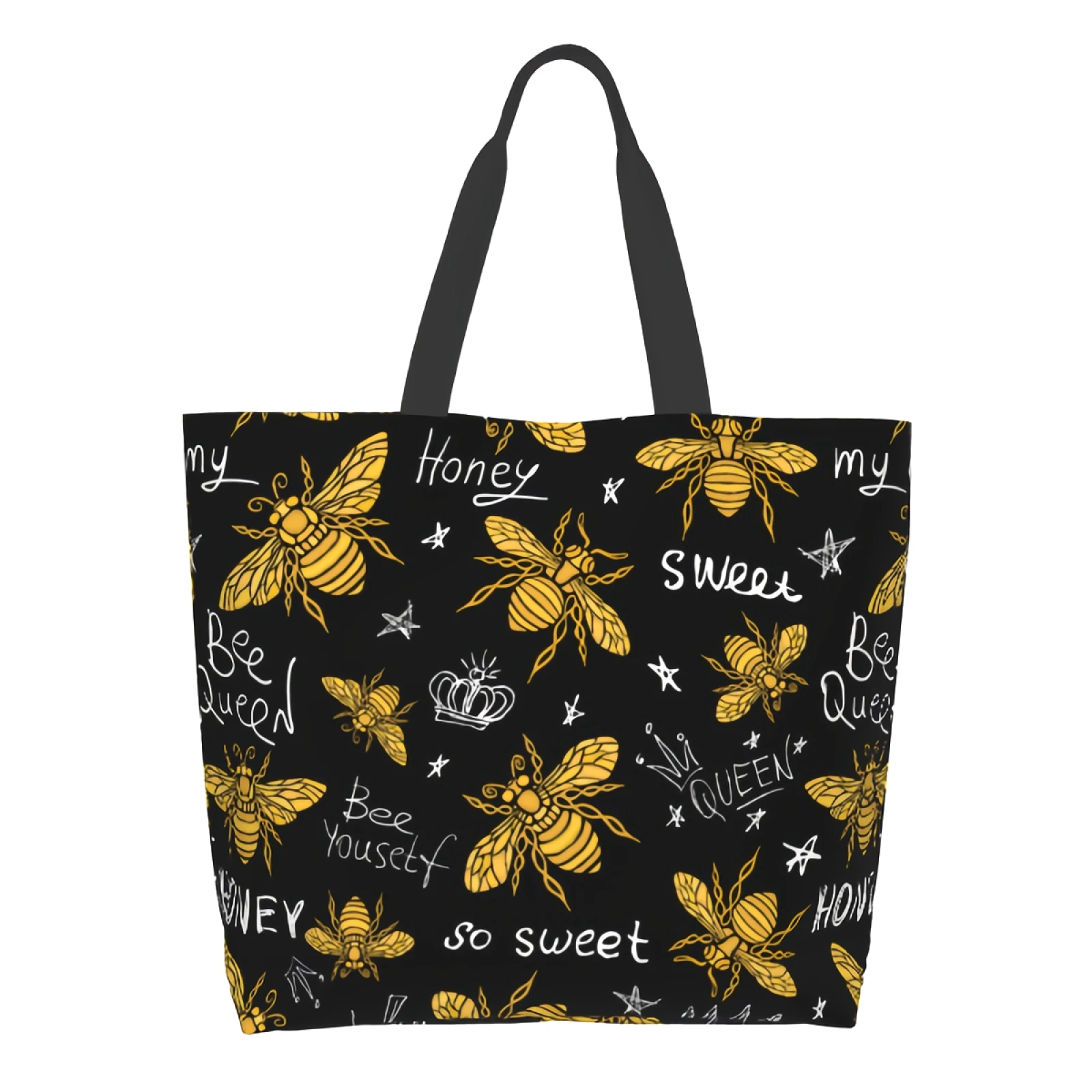 Honey Bee Shopping Bag Reusable Bee Queen Tote Bag Golden Black