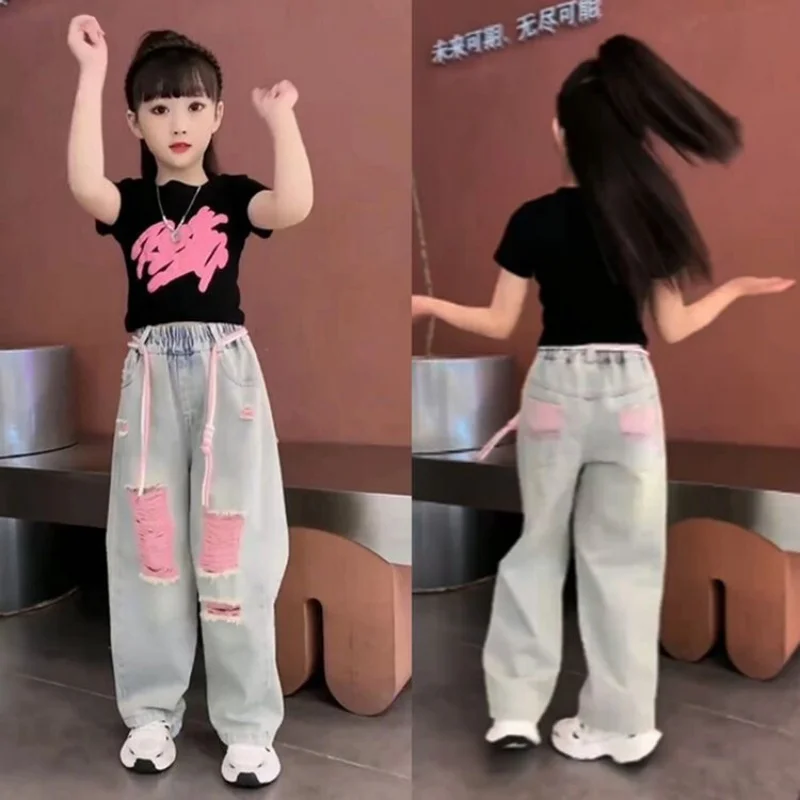Children's 3D Graffiti Short Sleeve + Colorful Denim Ripped Pants Set Children's Suit Girls' Set kids clothing set,girls clothing set