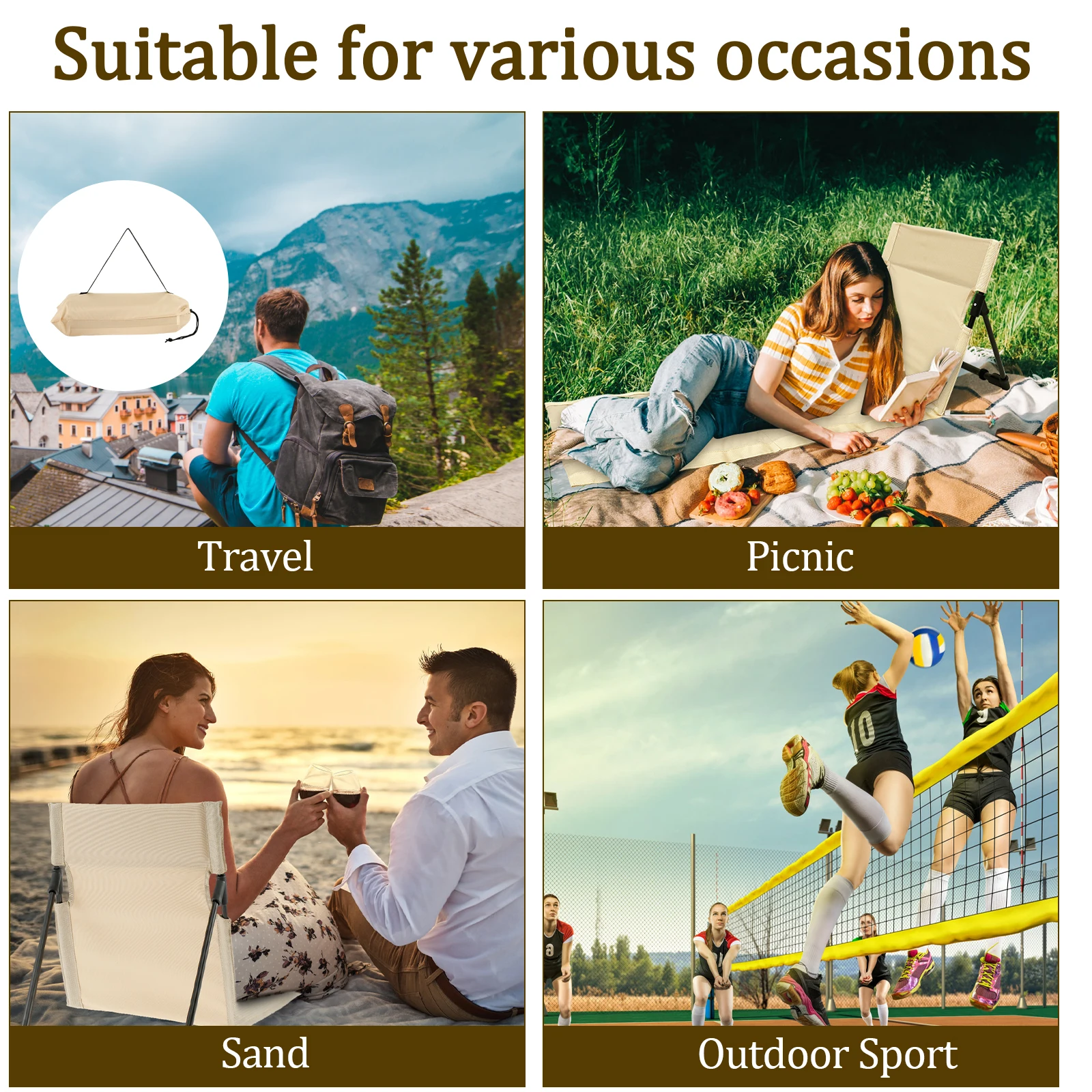 Foldable Camping Chair Oxford Cloth Waterproof Beach Floor Chair With Incline Function Park Single Lazy Chair Backrest Cushion