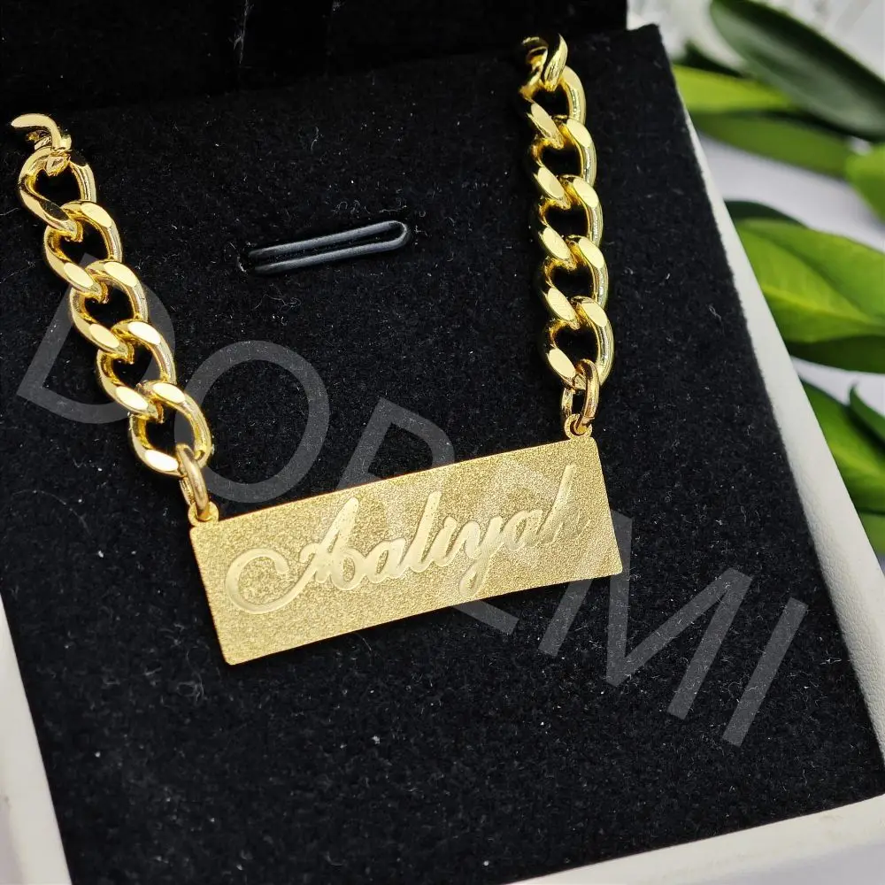 DOREMI 5MM Cuban Chain Custom Name Matte Necklace Personalized Gift Jewelry Thick Chain Curved Script Custom Name Necklace jewelry display tray metal curved ring necklace bracelet storage tray pendant showing pallet try on tray on counter