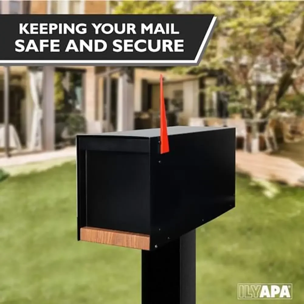 Black Modern Mailbox Heavy Duty Metal Post Mount Mail Box with Redwood Grain Trim Steel Construction Weather Resistant Universal