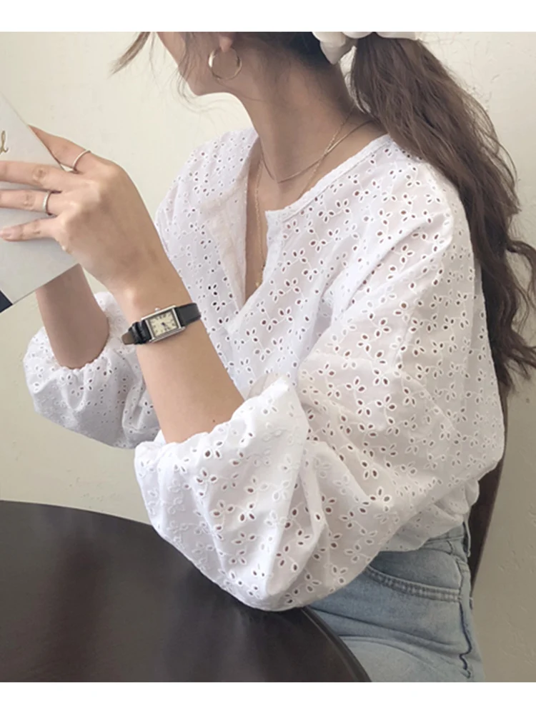 ZANZEA 여성용 할로우 아웃 셔츠, 2024 여름 오피스 레이디 상의, 캐주얼 솔리드 퍼프 슬리브, 루즈 코튼, 오버사이즈 블라우스 팜므, 패션 