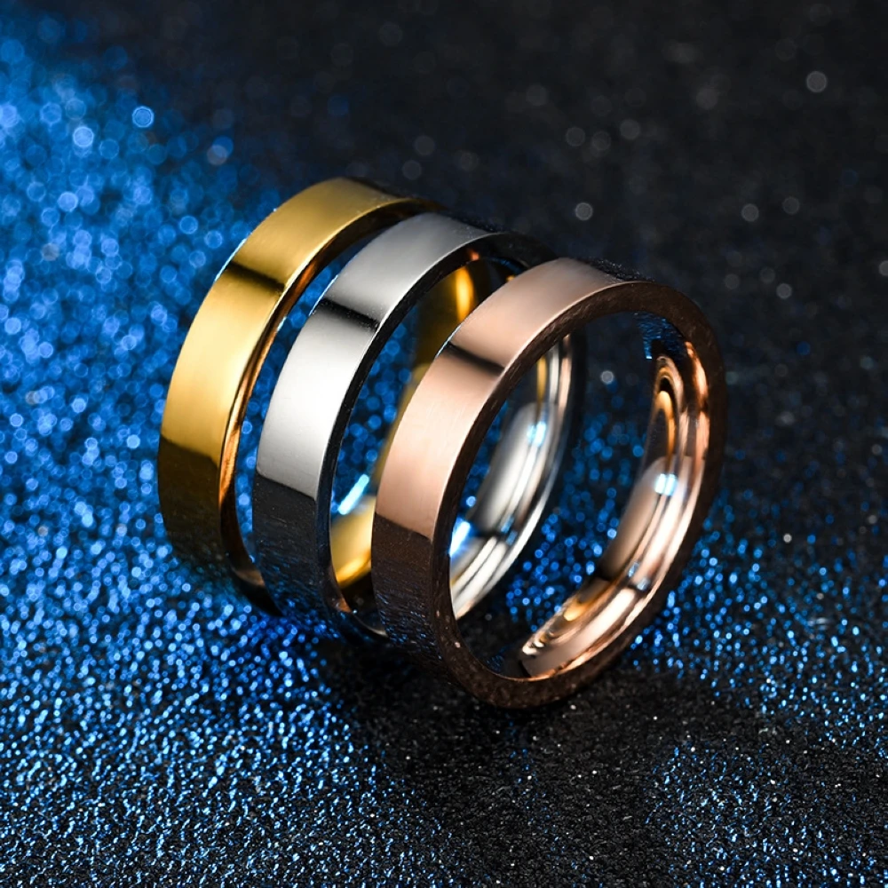 Stainless Steel Glossy Flat Couples Rings - Rose Gold & Silver Plated Finger Jewelry
