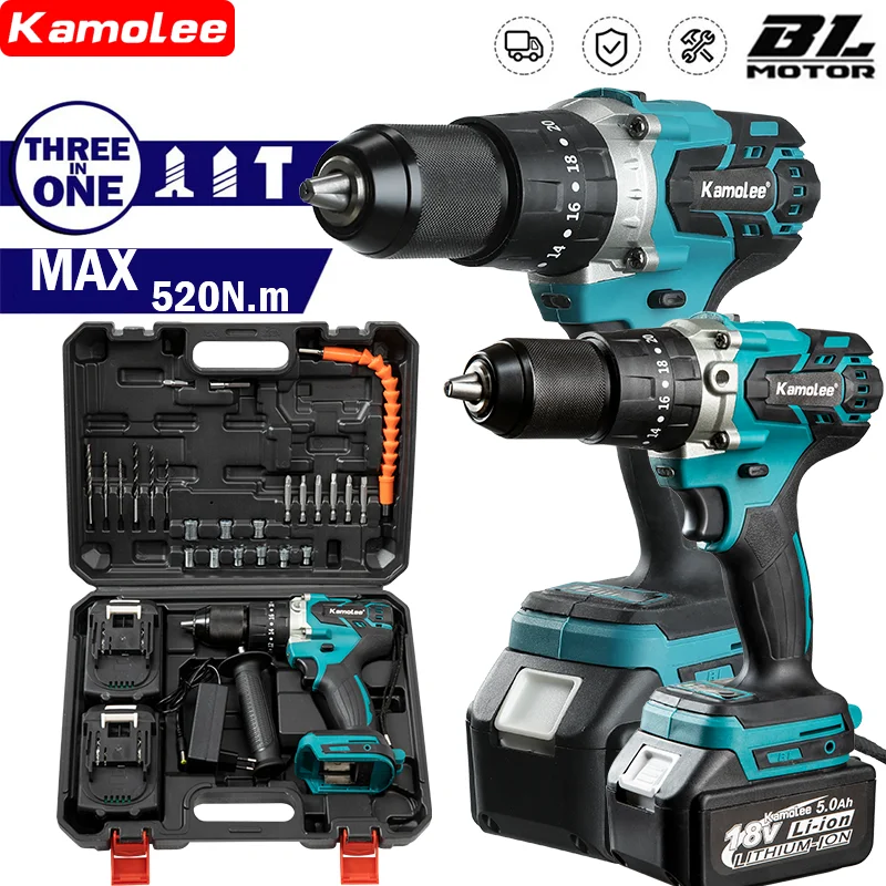 Kamolee 가정용 브러시리스 무선 임팩트 드릴 전기 스크루 드라이버, DIY 전동 공구, Makita 18V 배터리, 13mm Kamolee 가정용 브러시리스 무선 임팩트 드릴 전기 스크루 드라이버, DIY 전동 공구, Makita 18V 배터리, 13mm