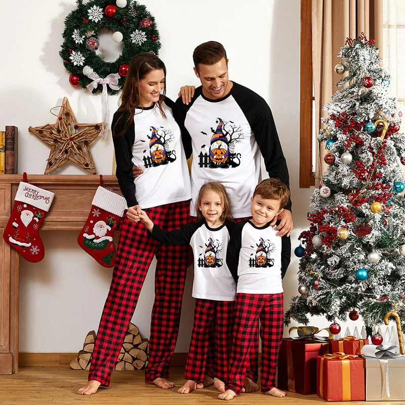 

Halloween Family Matching Pajamas Pumpkin Gnomie Happy Halloween Black Red Plaids Pajamas Set