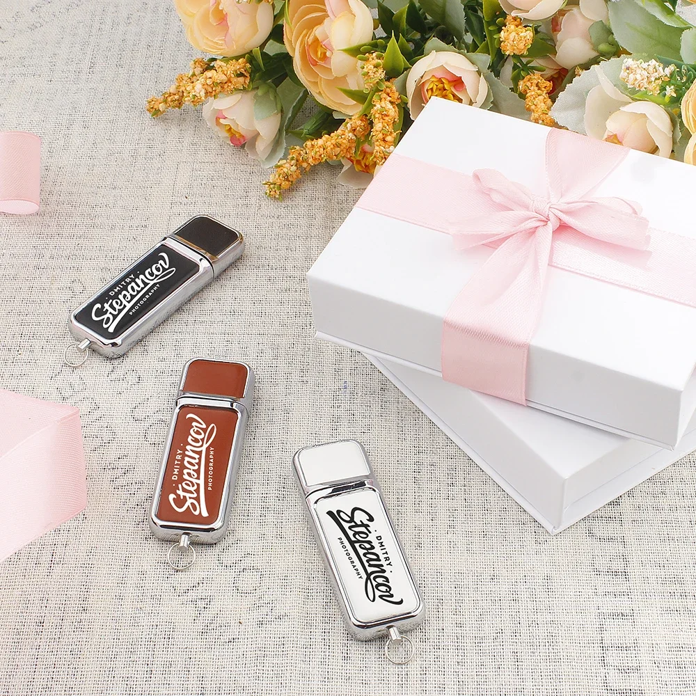 예쁜 가죽 펜 드라이브 128GB 무료 사용자 정의 색상 로고 USB 플래시 드라이브 64GB 선물 상자 메모리 스틱 32GB 크리 에이 티브 USB 메모리 16GB