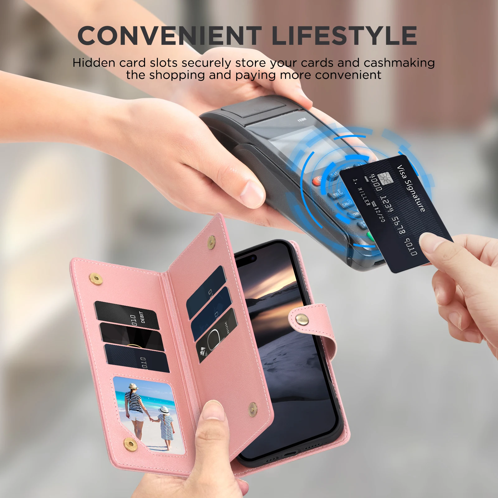Universal Multi-Card Leather Wallet Case with Zipper, Kickstand, and Magnetic Closure