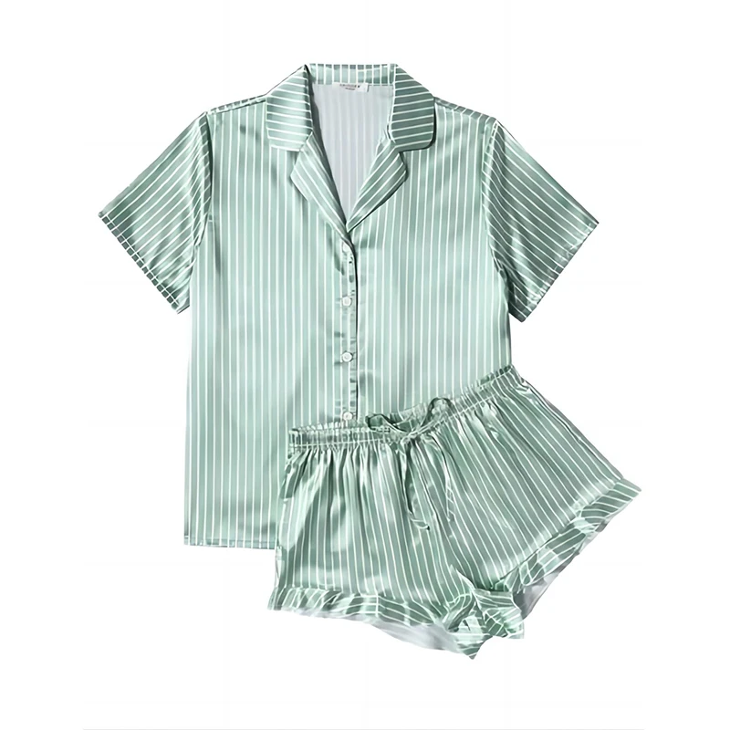 Ling Blue Striped  Short Sleeve Sleepwear 2 Pcs Sweet Silk Pajamas Womens Satin Pjs S-XXL Shorts Set Button Down Loungewear