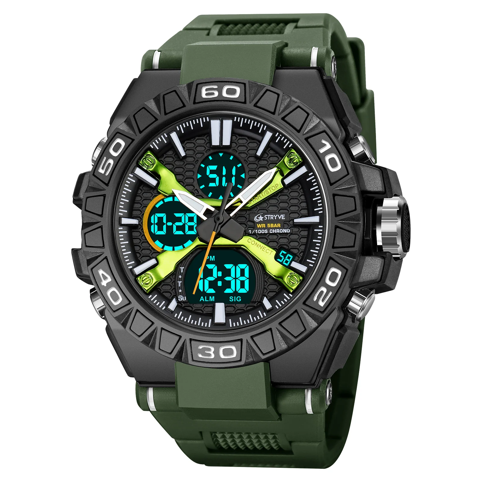 STRYVE Men's Watches 50M Waterproof Clock Alarm Reloj Hombre 8026 Dual Display Wristwatch Quartz Digital Clock Men 5