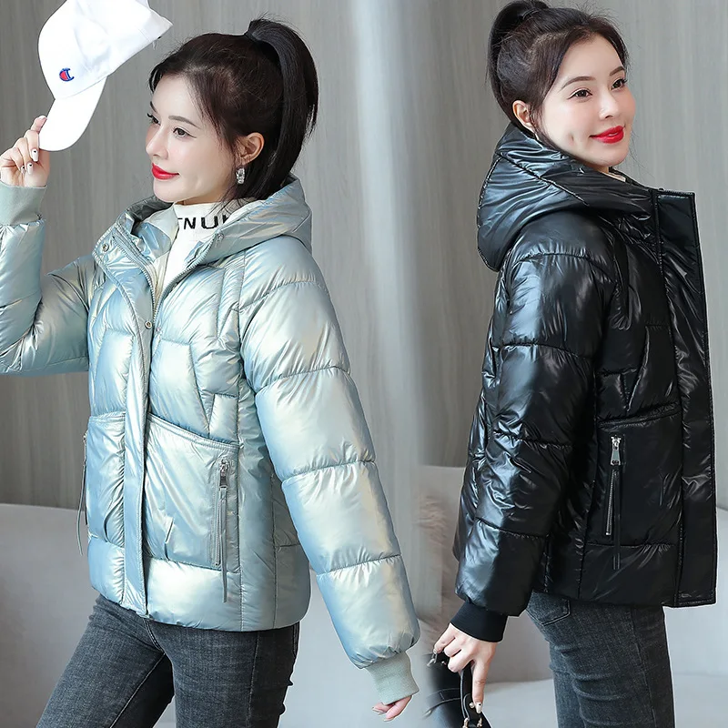 

2023 Winter New Cotton-padded Coat Korean Warm Bread Jacket Bright Leather Parkas Women's Loose Cotton Coat Lady Hooded Raincoat