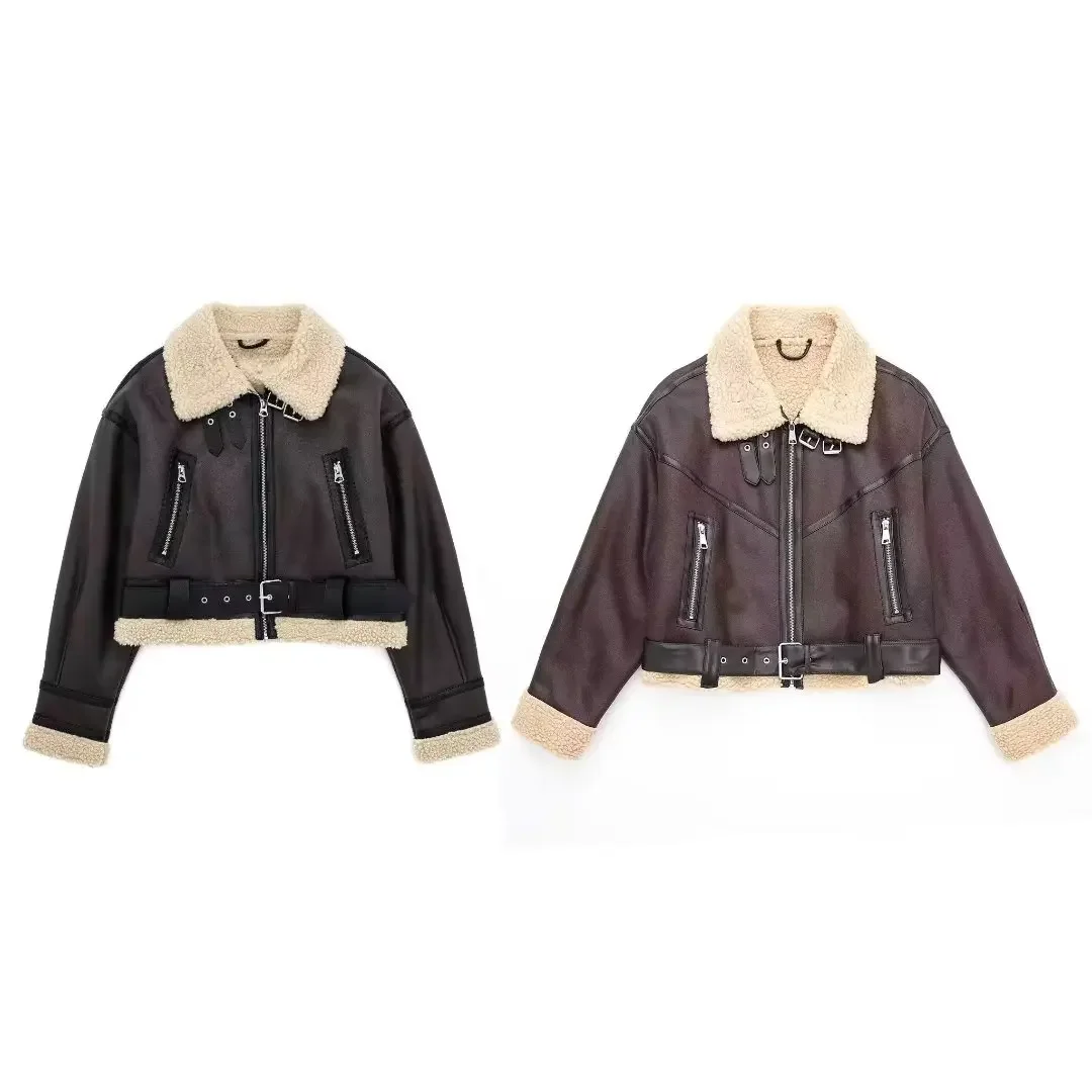 

Women's Winter 2023 New Fashion Two-color Velvet Lining Motorcycle Short Coat Retro V-lapel Long Sleeve Zipper Top