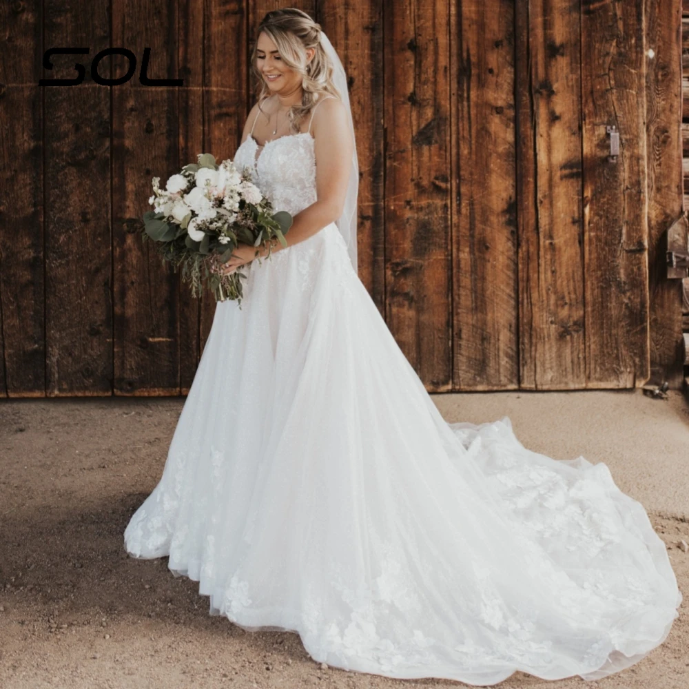 

Sol Mordern Sweetheart Spaghetti Straps Lace Wedding Dress For Women Pastrol A-Line Sweep Train Bridal Gown Vestidos De Novia