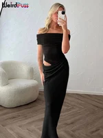 Weird Puss Ruched Irregular Dress Women Mesh Patchwork Slash Neck Short Sleeve Skinny Stretch Trend Elegant Long Bodycon Outfits - Image 2