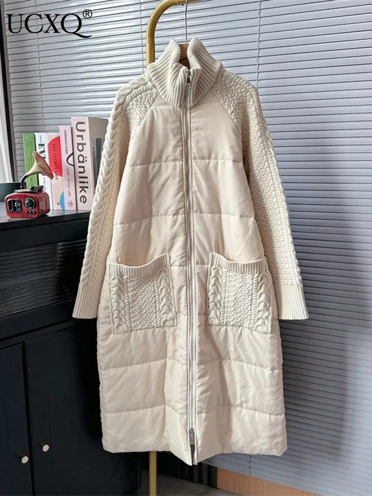 

UCXQ Knit Long Sleeve Spliced Cotton-down Coat Women Outwears Double Pocket Zipper Length Overcoat 2203 Autumn Winter 16U6003