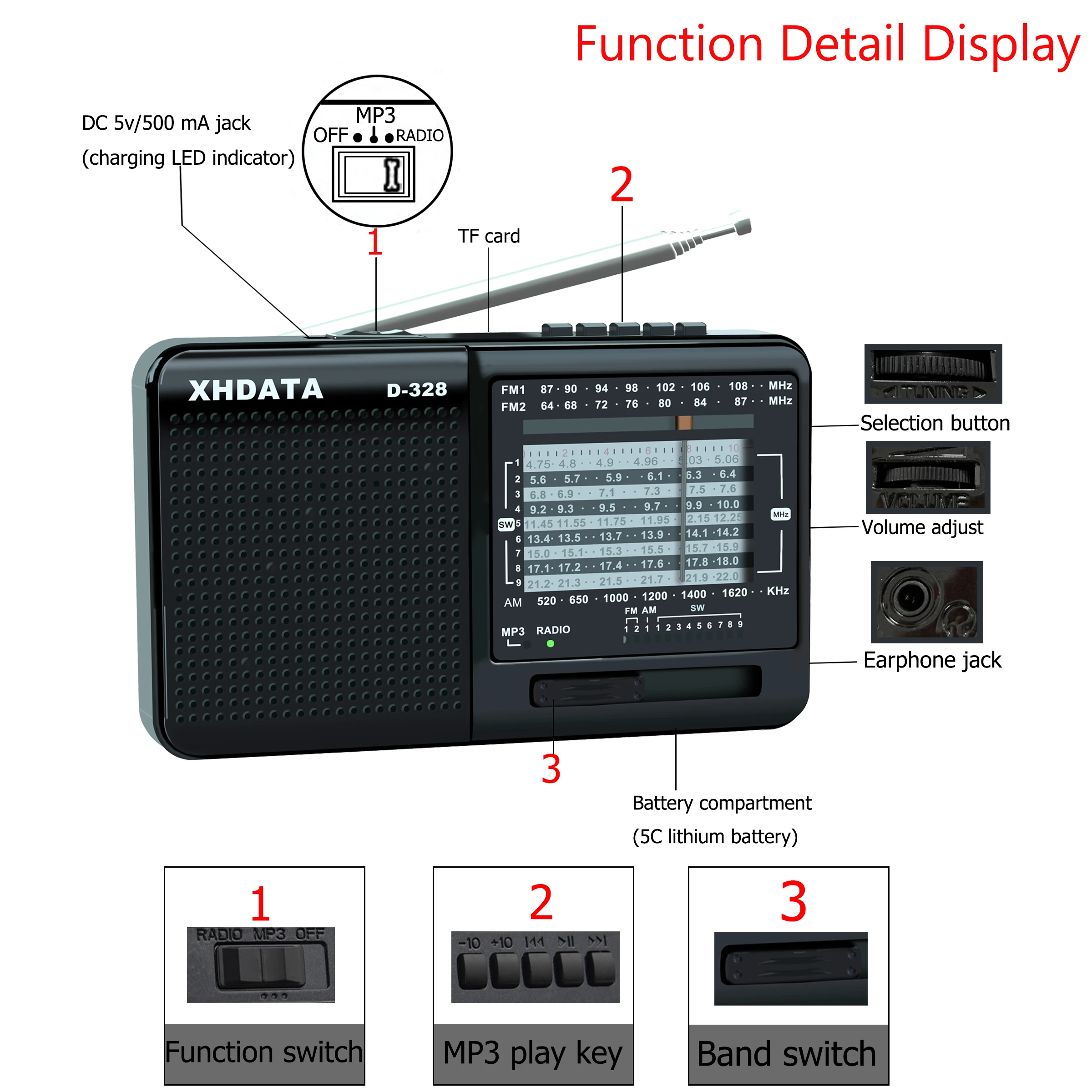 Banda de Rádio de Ondas Player com Cartão Xhdata Rádio sw Portátil Curtas Mp3 tf Jack 4receiver - 3w Receptor D-328 fm am - Image 6