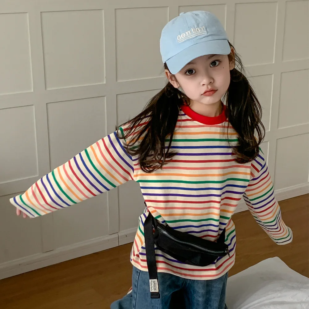 

Spring Korean 2024 Children Girl Top Cotton Rainbow Striped Long Sleeve Kid Girl Undershirt Loose Leisure Toddler Girl Pullover