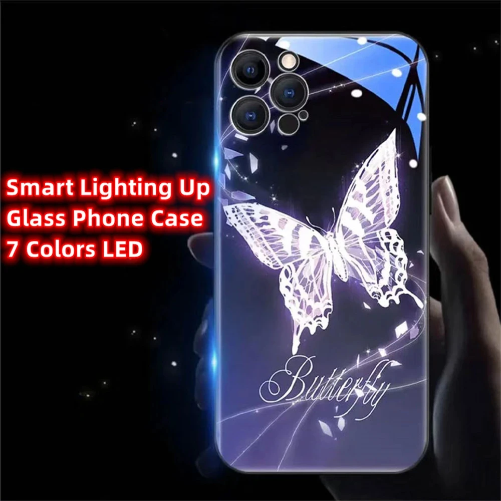 Forest Butterfly Smart LED Light Glow Tempered Glass Phone Case Back Cover For Samsung S24 S23 S22 S21 S20 FE Note 20 Plus Ultra