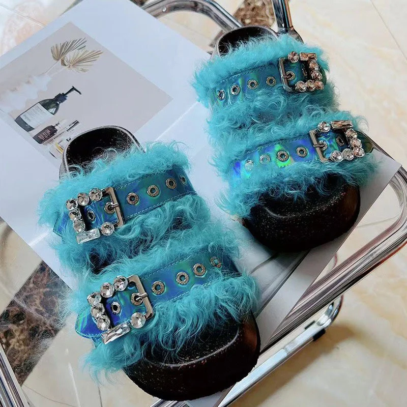 Autumn European Station New Women's Casual Slippers Korean Version Of The Trend Wool Rhinestone Home Fashion Fur Sandals 2023