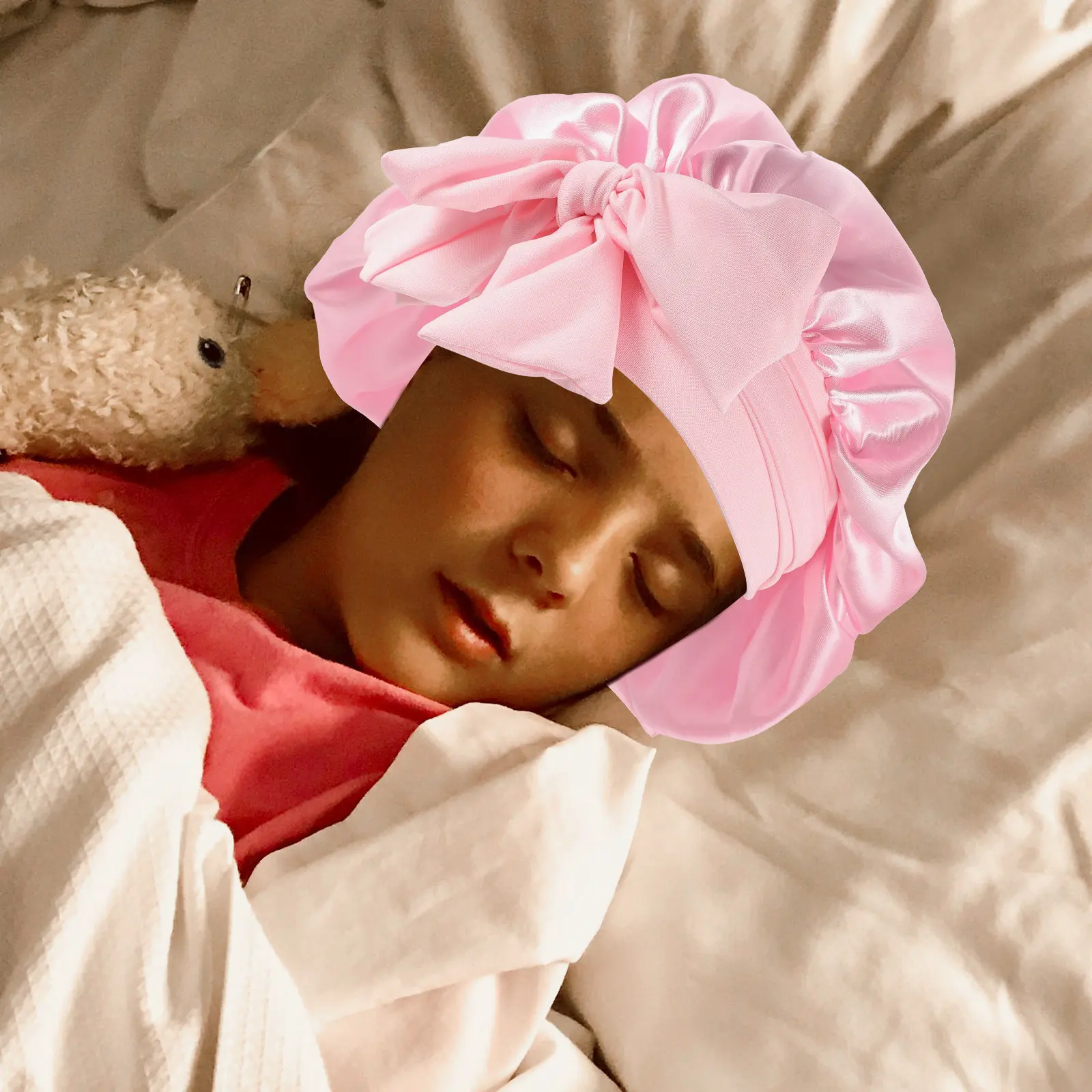 탄력있는 수면 보닛 새틴 헤어캡 대형 여성 나이트 모자 부드럽고 편안한 리본 수면 모자 헤어 케어 메이크업 얼굴용