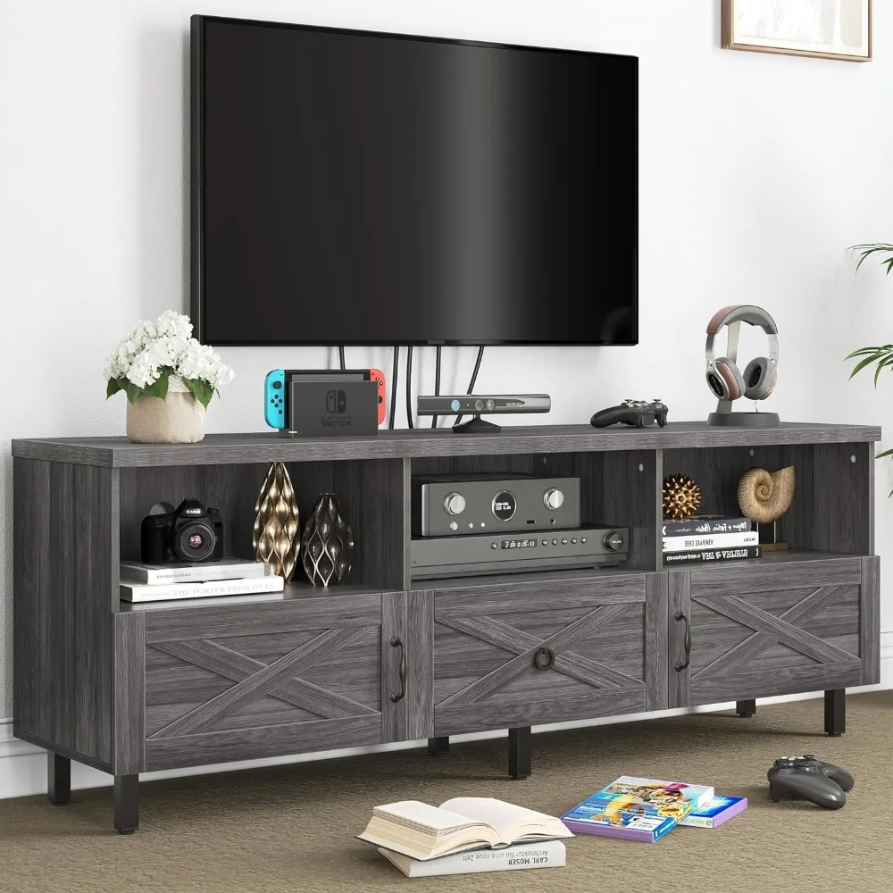 

Tv Stand, Mid-Century TVs Stand for 70/65/60/55 Inch, Boho Wood, TV Table Media WithCabinet and Open Shelves, 65 Inch, Tv Stands