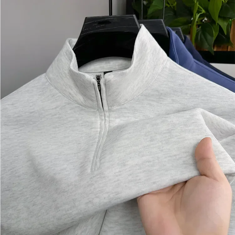 2025 Men's New Warm Zipper Neck Shirts High Quality Casual Long Sleeve Sweatershirt Pullover Tops