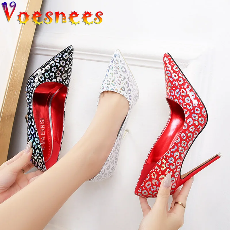 

Fashion Hologram Pattern Dress Super High Heels 12CM Women Slip On Party Stiletto Shoes Nightclub Pointy Pumps Red Black White