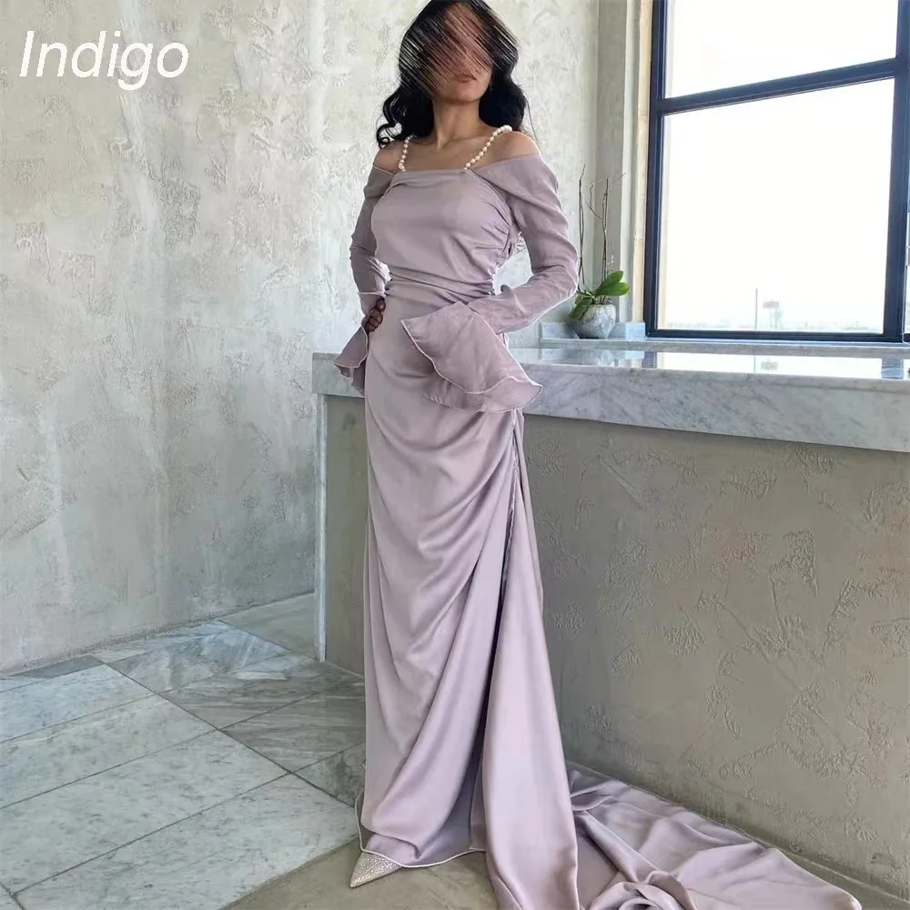 

Indigo Prom Dress Mermaid Long Sleeve Floor-Length Beading Pleat Elegant Evening Gown 2024 Party Dress For Women Vestido De Gala