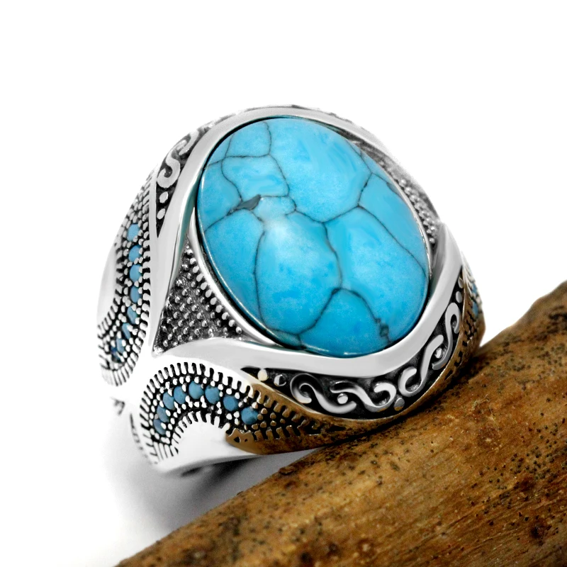 New Turkey Solid 925 Sterling Silver Classic Oval Turquoise Ring