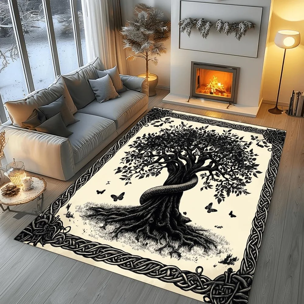 Tapis arbre de vie, tapis vert émeraude, tapis de zone botanique, tapis de détail doré, tapis de décoration naturelle, tapis de sol de salon élégant